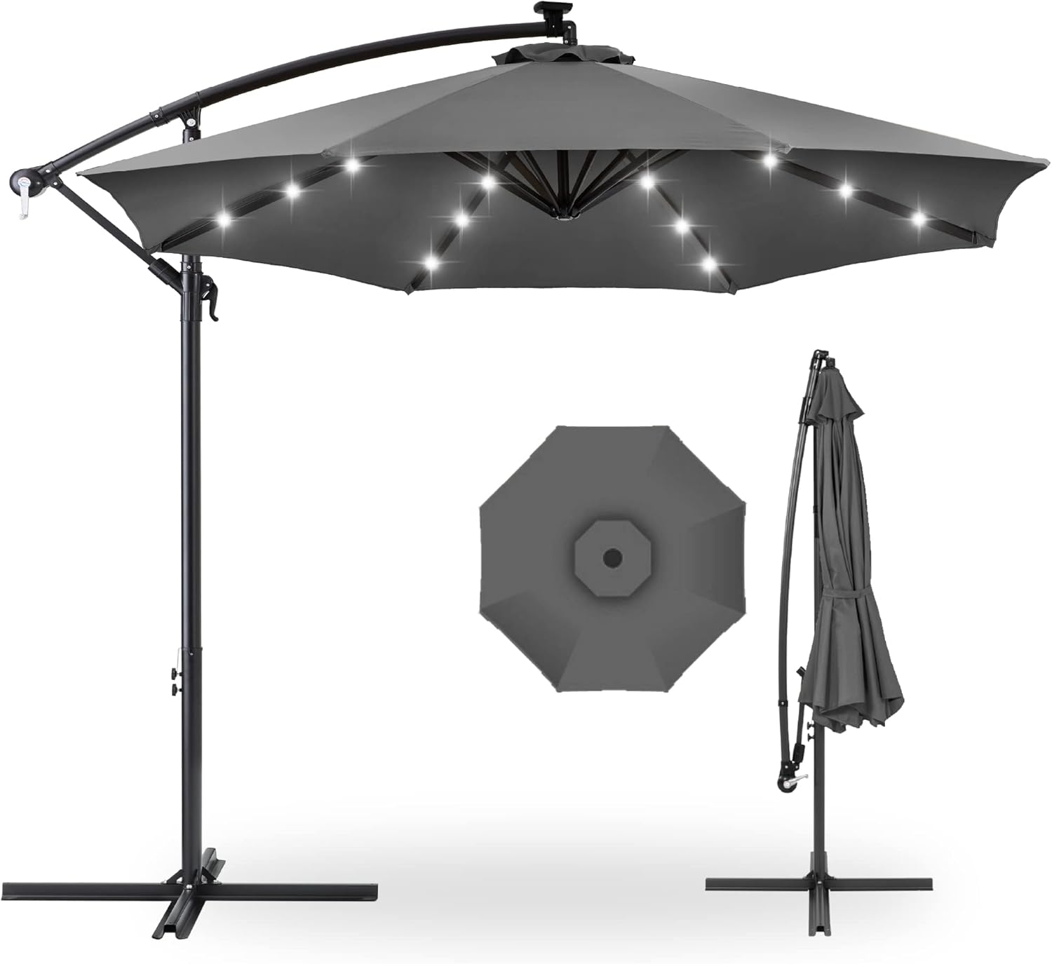 Best Choice Products 10ft Solar LED Offset Hanging Market Patio Umbrella for Backyard, Poolside, Lawn and Garden w/Easy Tilt Adjustment, Polyester Shade, 8 Ribs - Gray