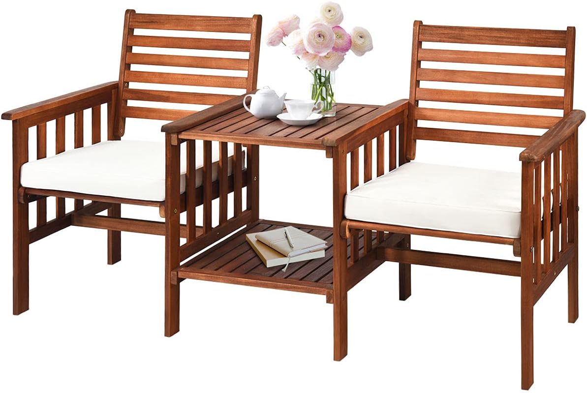 DORTALA Acacia Wood Loveseat with Table, 3 Pieces Wooden Table Chairs Set with Cushions, 2.1-inch 2-Seater Outdoor Furniture Set for Garden Backyard Balcony Patio Poolside, White