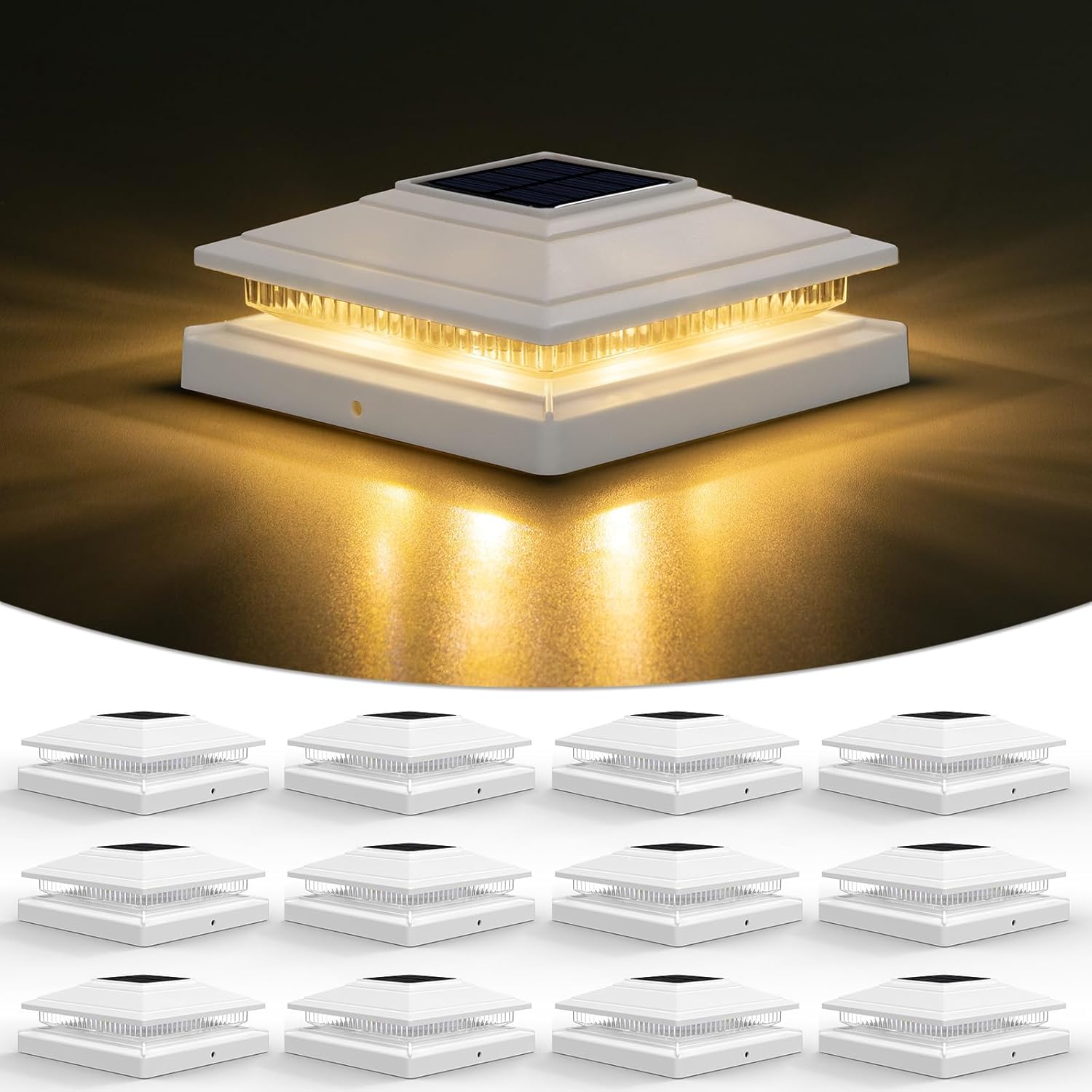 VOLISUN Solar Fence - Post Lights, Solar Post Cap Light Outdoor Waterproof 12pack, White Deck Cap Light Solar Powered, for 4x4 5x5 6x6 Wooden/Vinyl Post
