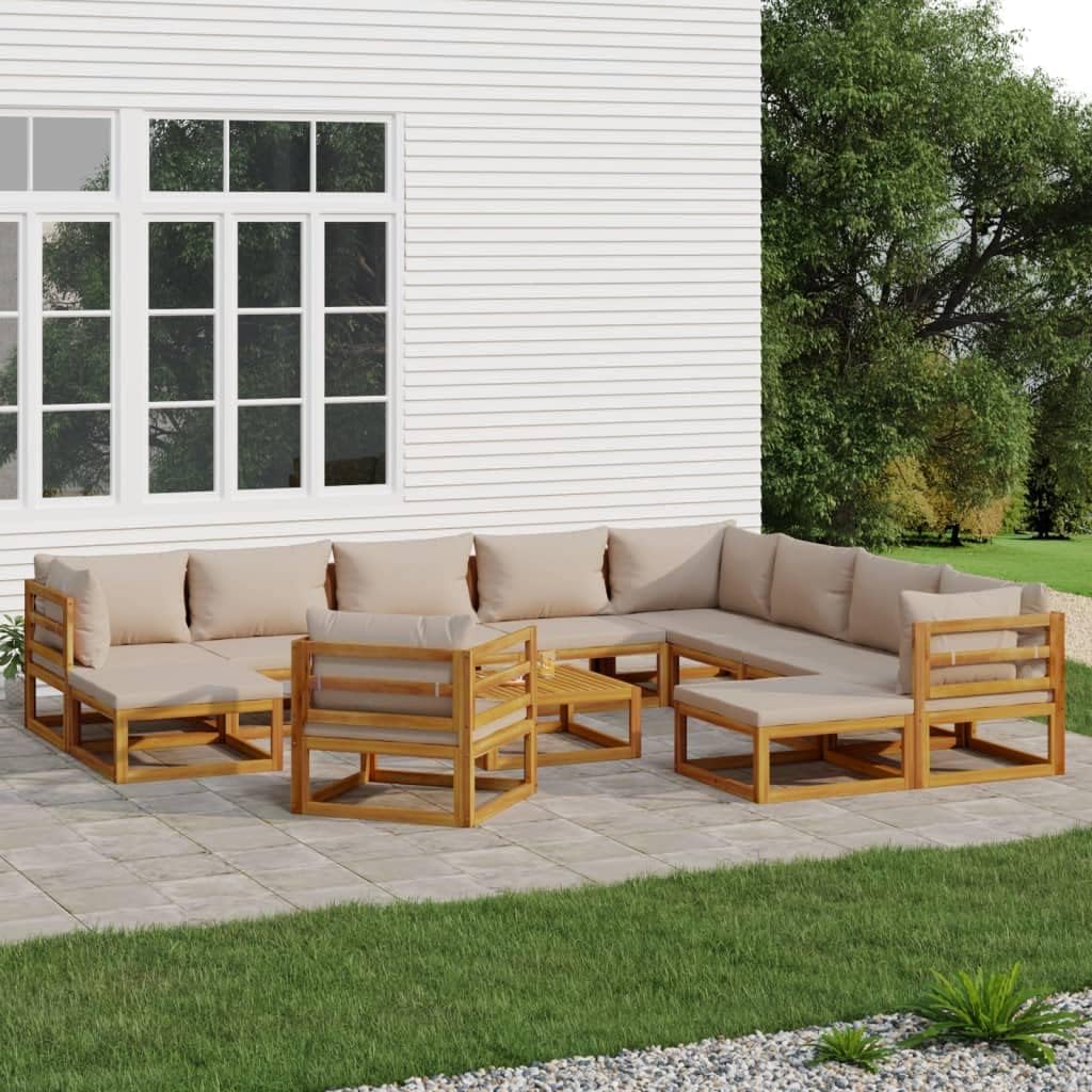 12 Piece Patio Lounge Set with Taupe Cushions Solid Wood,Elegant Wooden Patio Lounge Set: Enjoy Comfort and Durability Outdoors Patio Furniture Sets, Outdoor Furniture Sets
