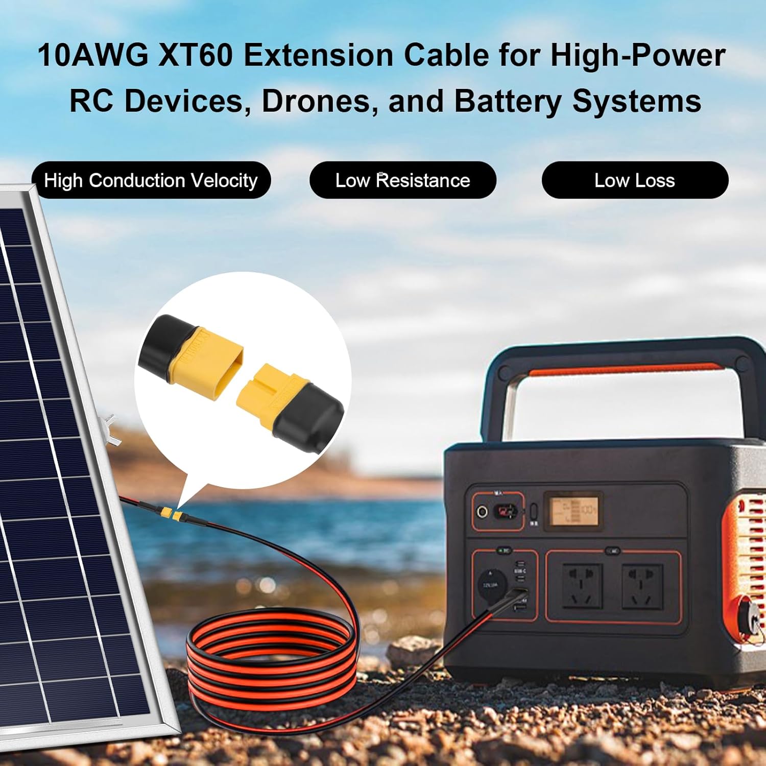 XT60 Extension Cable 40FT, 10AWG Tinned Copper Wire with XT60 Male to Female Connectors, Heavy-Duty Power Cord for RC Models, Drone, and Solar Applications