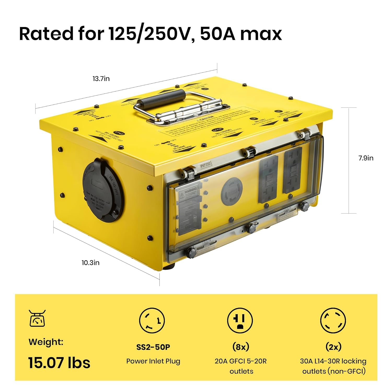 Heavy-Duty 50 Amp Power Distribution Box – 125/250V, SS2-50P Inlet, IP67 Waterproof, (8) 20A GFCI 5-20R Receptacles & (2) 30A Locking Outlets for Jobsite, Generator, RV, Outdoor Use