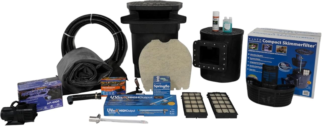 HALF OFF PONDS Savio Signature 4,000 GPH Submersible Pump Pond Kit 20' x 25' EPDM Rubber Pond Liner & UV Clarifier, Waterfall Filter, Skimmer, Lighting & Plumbing Backyard Water Garden