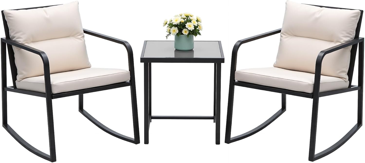 Devoko 3 Piece Rocking Bistro Set Wicker Patio Outdoor Furniture Porch Chairs Conversation Sets with Glass Coffee Table (Beige)