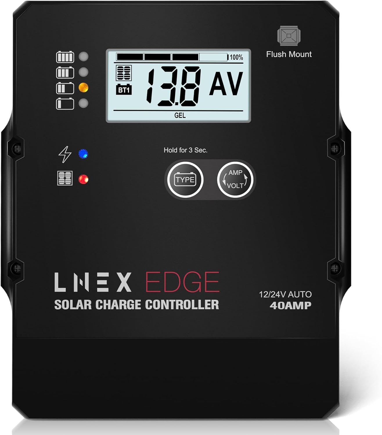 Solar Charge Controller with Flush Mount Design, 6 Stage Charging with LCD Display 12V/24V Auto PWM Controller 40A for LiFePO4, AGM, Gel, Flooded and Lithium Battery