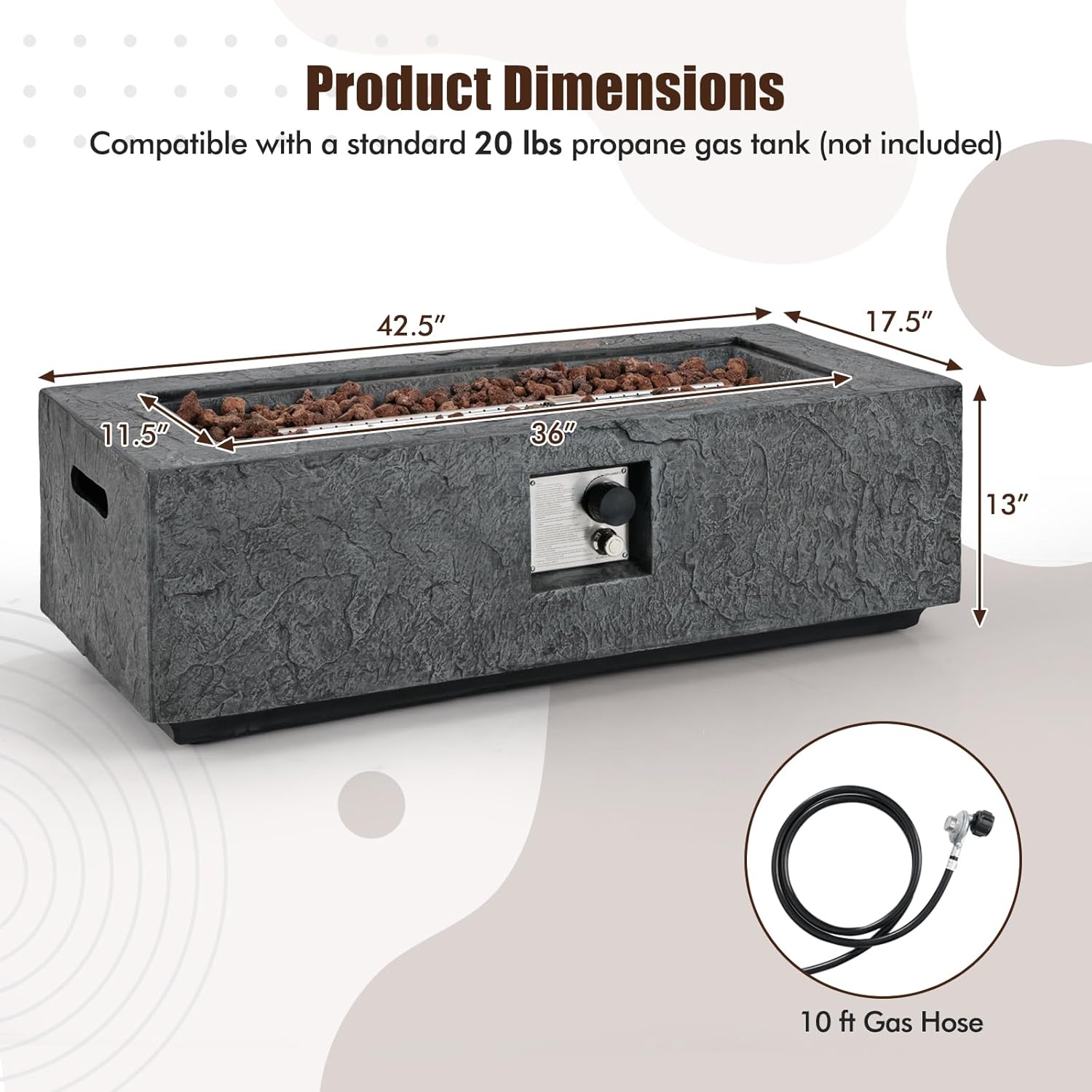 Tangkula 42.5 Inches Outdoor Propane Fire Pit Table, 50,000 BTU Rectangular Magnesium Oxide Gas Firepit with Stainless Steel Burner, Lava Rock and Protective Cover