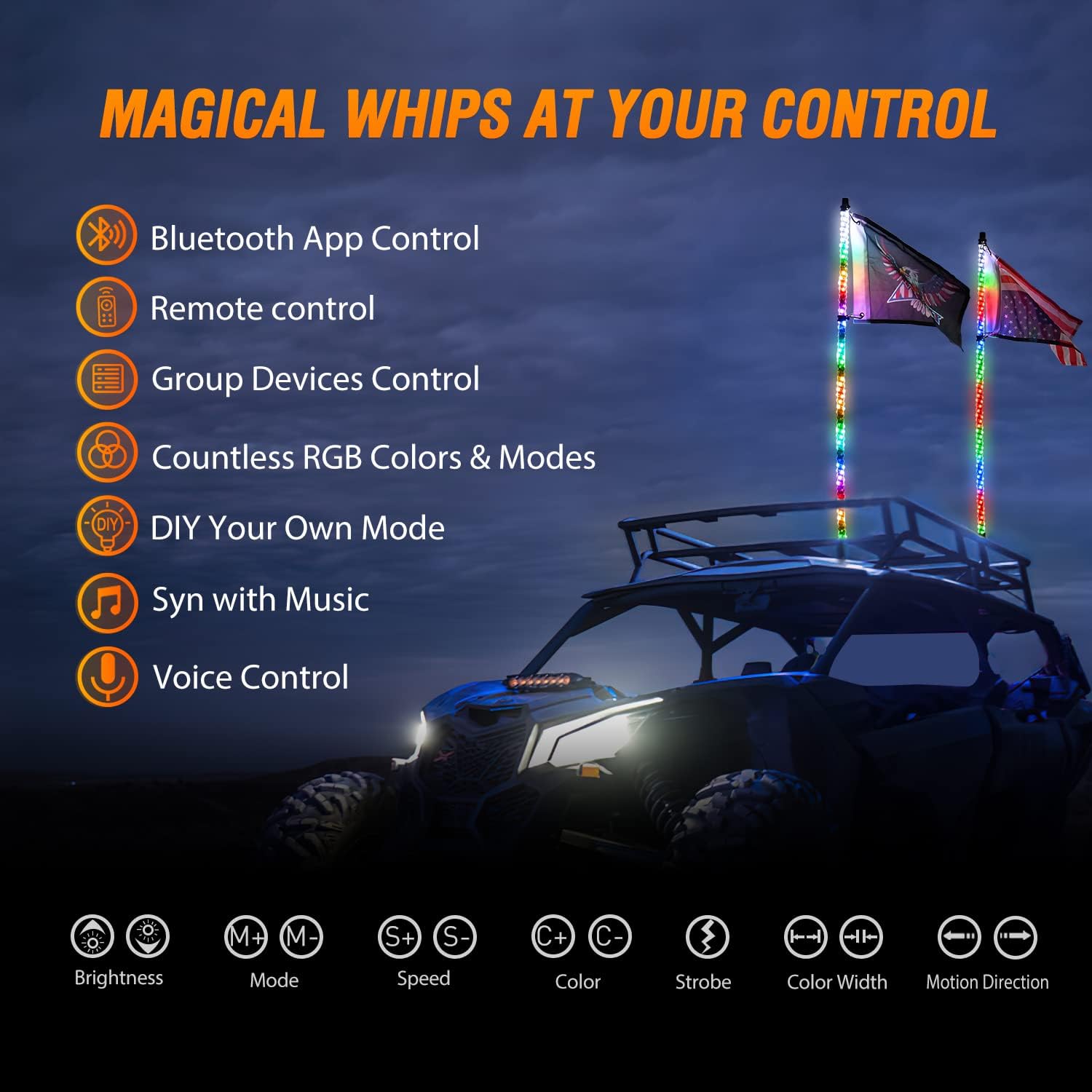 Nilight 2PCS 5FT RGB LED Whip Light, Remote App Control w/DIY Chasing Patterns Stop Turn Reverse Lighting Modes Safety Lighted Antenna for ATV UTV Polaris RZR Can-am Dune Buggy Jeep