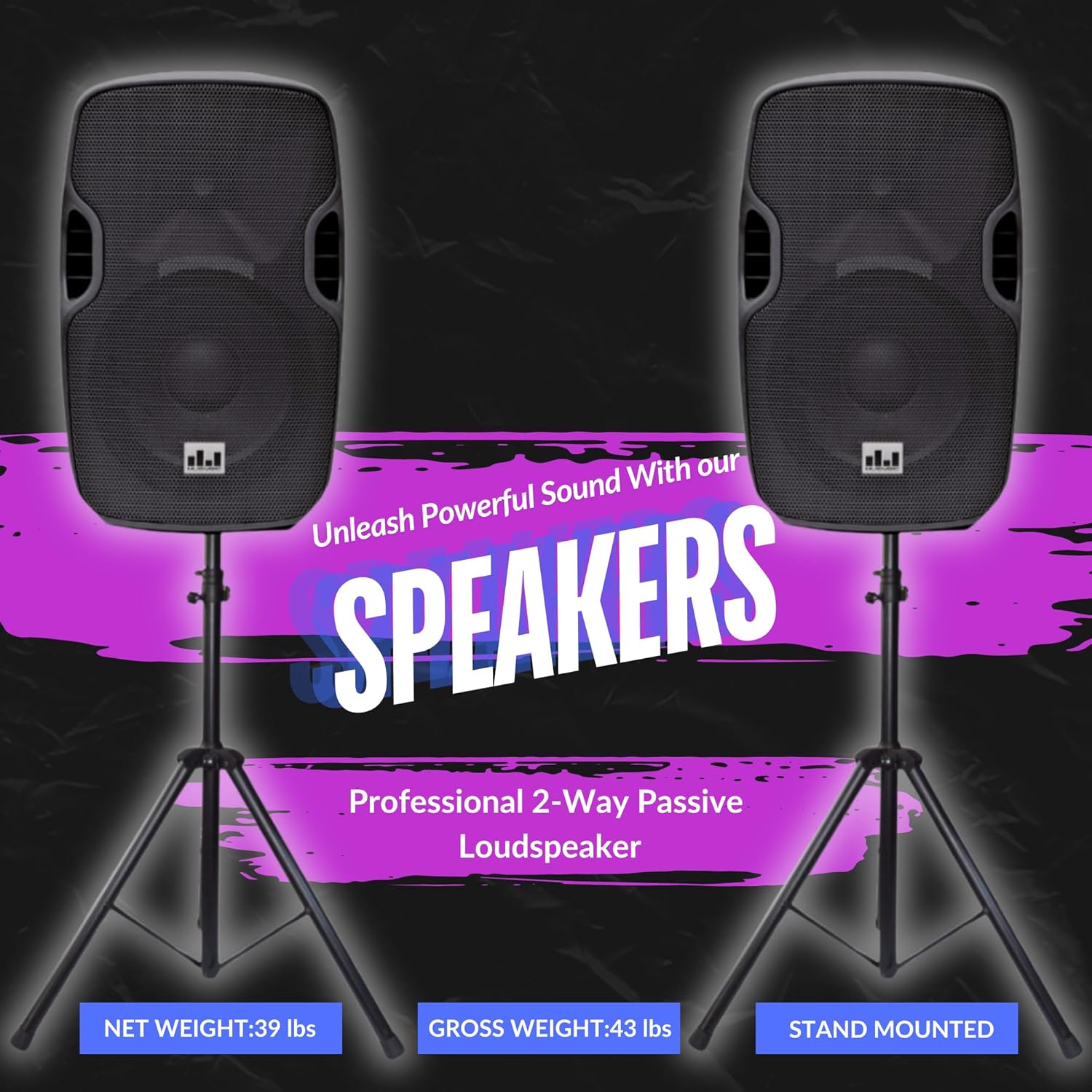 MUSYSIC PA15-MX800 Professional PA System – 8 Channel Audio Mixer with Built-in 4500 W Amplifier 15” Studio Wireless Speakers Bluetooth/USB/SD/FM UHF Wireless Microphone System Stands Pair