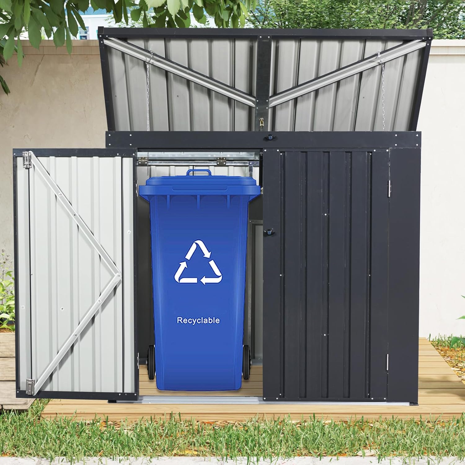 GOWE Garbage Bin Shed Stores 2 Trash Cans Metal Outdoor Bin Shed for Garbage Storage,Stainless Galvanized Steel, Bin Shed for Garden Yard Lawn, Black (W540P176424) Upgraded Version