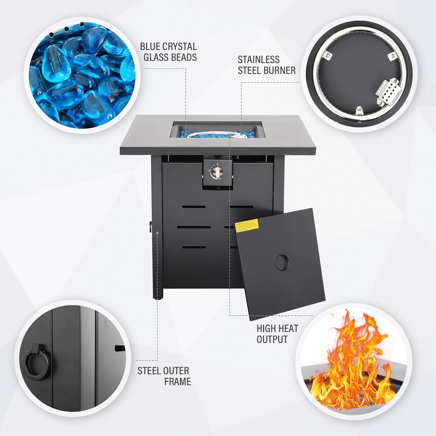 Propane Fire Pit 28 Inch Outdoor Fire Pit 50000 BTU Square Gas Fire Table with Steel Lid Blue Crystal Beads and Waterproof Cover for Outside Patio and Garden