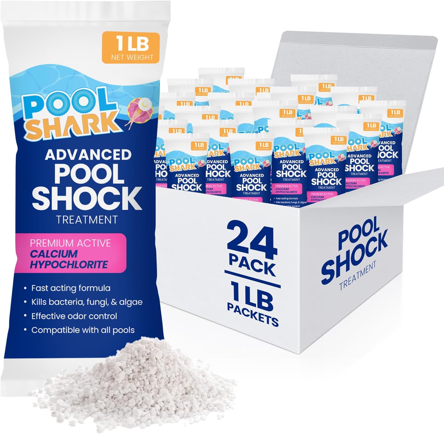 Pool Shark 68% Calcium Hypochlorite Pool Shock for Swimming Pools - 24 Pack Chlorine Granules - 1 lb Bags Pool Chlorine Shock Treatment for Inground & Above Ground Pools - Fast-Dissolving Chlorine