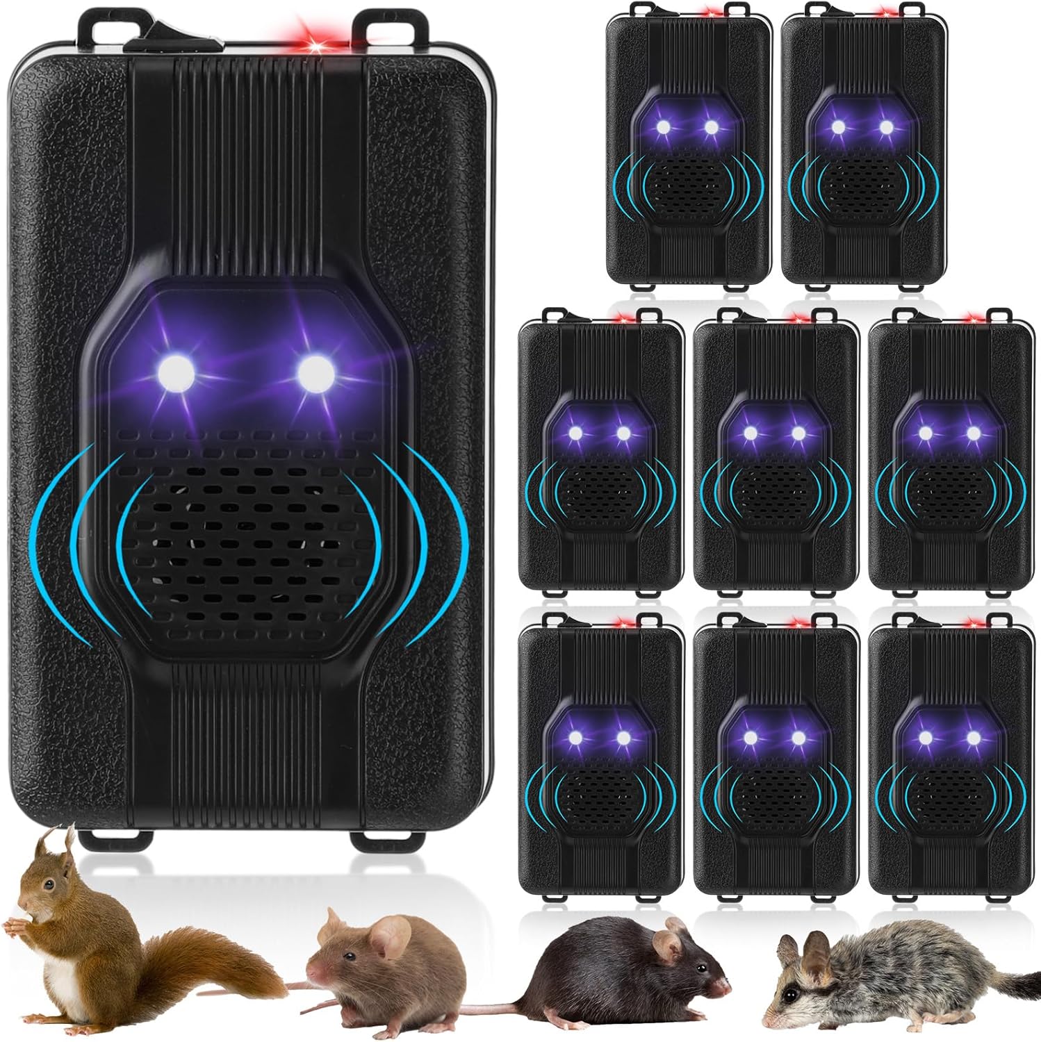 Qualirey 9 Pcs Ultrasonic Rodent Repellent for Car Engines Car Rodent Repeller Under Hood Battery Operated Rat Repellent with Strobe Light Keep Pest Squirrels Mice Out of Garage RV Outdoor