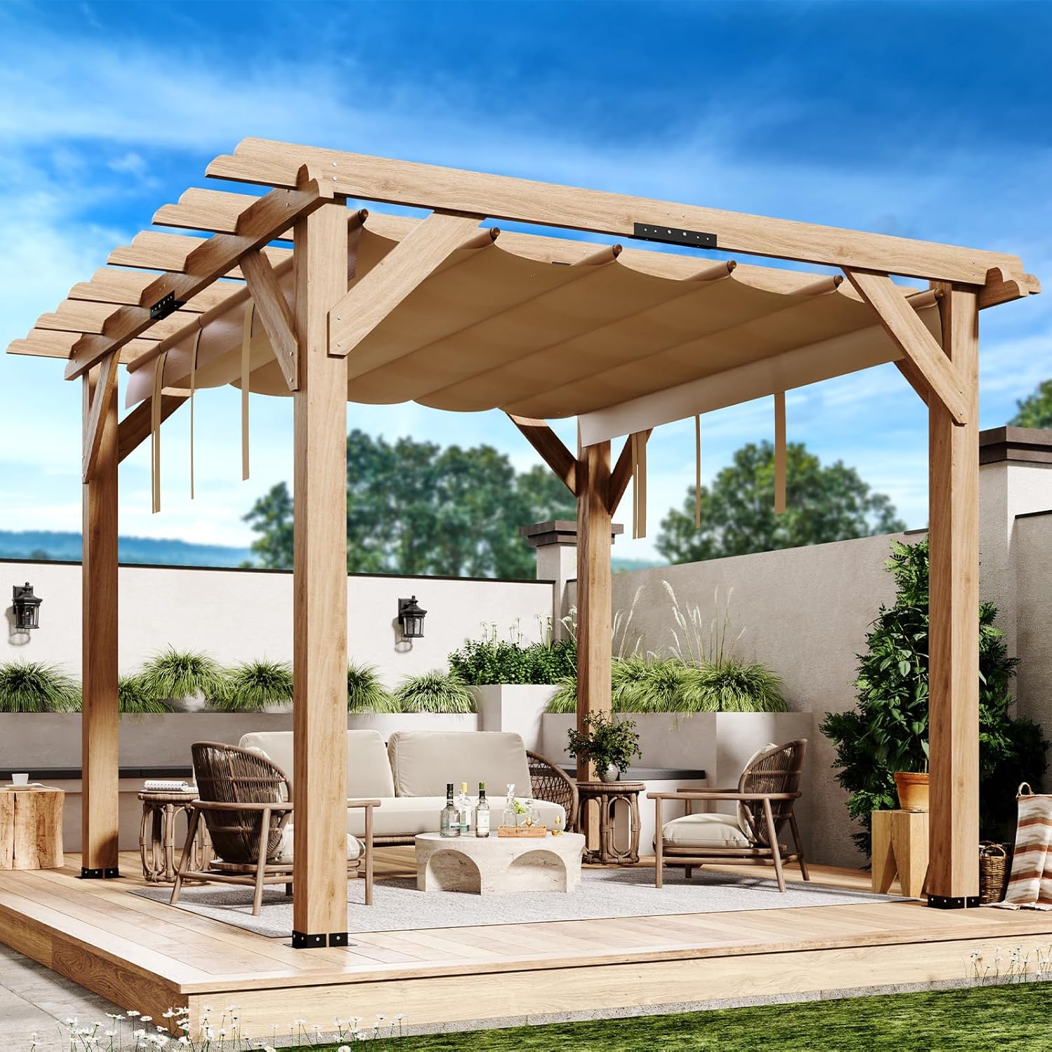 10 x 12 Ft Cedar Wood Pergola with Solid Structure, Retractable Shade Canopy, Durable, Rot Resistant, Patio Pergola for Backyard, Deck, Garden, Outdoor Entertaining, Wood