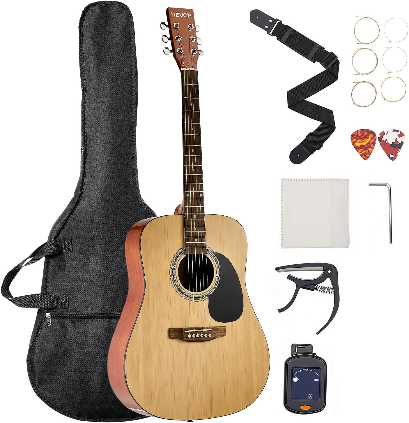 VEVOR Dreadnought Acoustic Guitar, 41 in, 6-String Natural Solid Spruce Top Guitar, Beginner Bundle with Gig Bag, Tuner, Strap, Strings, Picks, Capo, Rosewood Fingerboard, for Adults Taller Players