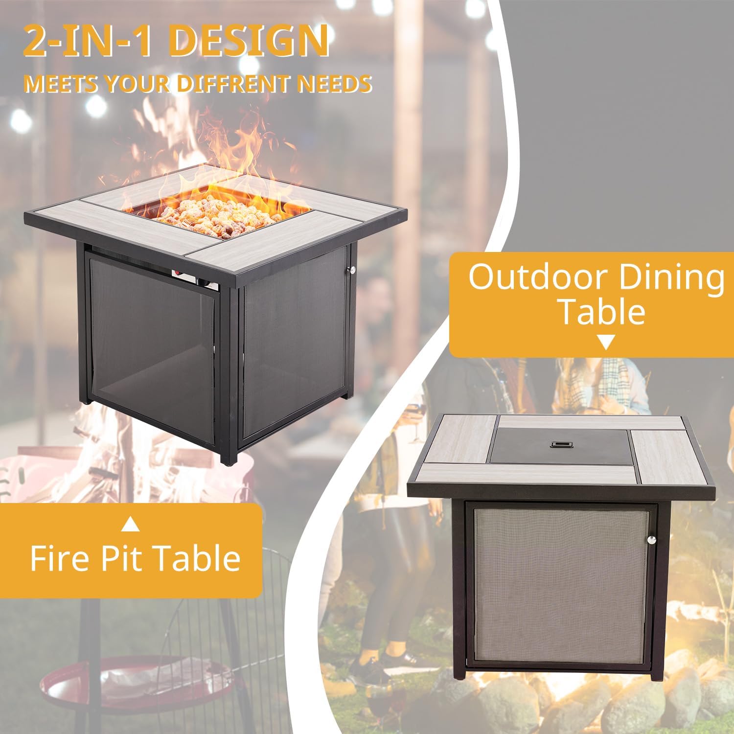 Propane Fire Pit Table, 32 Inch Square Outdoor Gas Fire Pits Clearance 50,000 BTU with Ceramic Tile Tabletop, Removable Lid, Lava Rocks for Outside Patio, Garden, Deck, Yard…