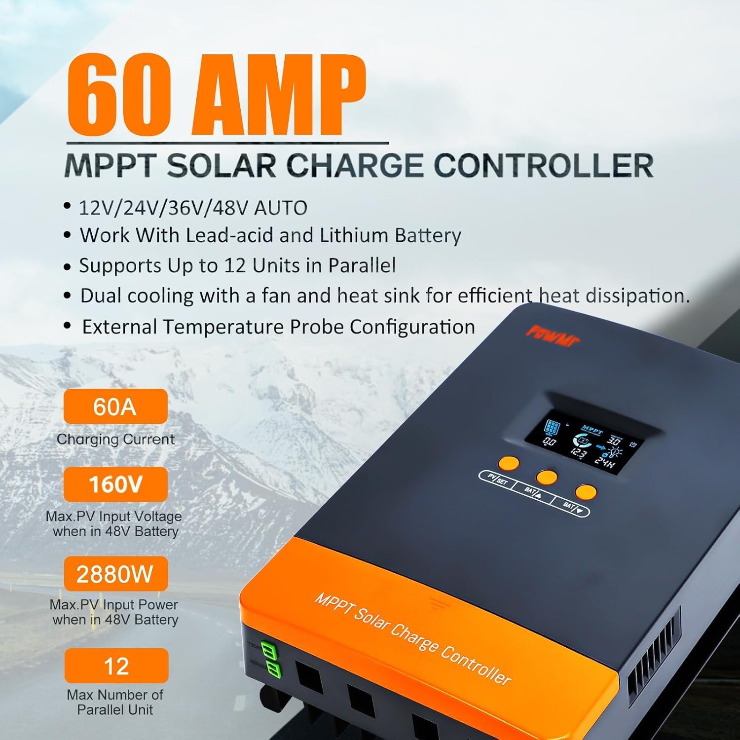 PowMr 60Amp MPPT Solar Charge Controller, 12V/24V/36V/48V Auto, Fit for Lead-Acid Lithium Battery, MAX 160V 2800W Input Solar Charge【Support Up to 12 Units in Parallel】