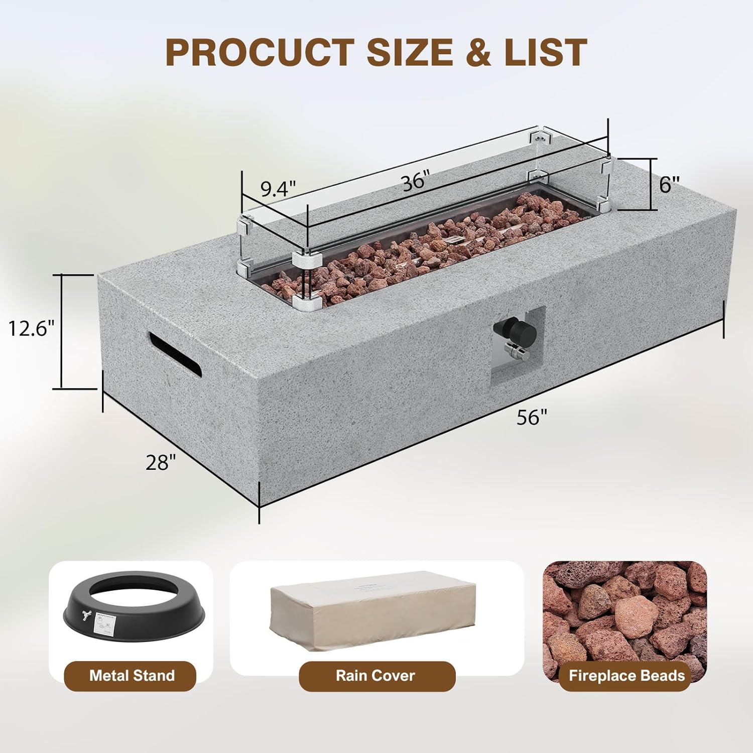 2-Piece Outdoor Propane Fire Pit Table Set – Premium Marble-Like MgO Finish, 56-Inch Gas Fire Table with Glass Wind Guard for Patio, Garden & Backyard, Includes Rain Cover & Lava Rocks