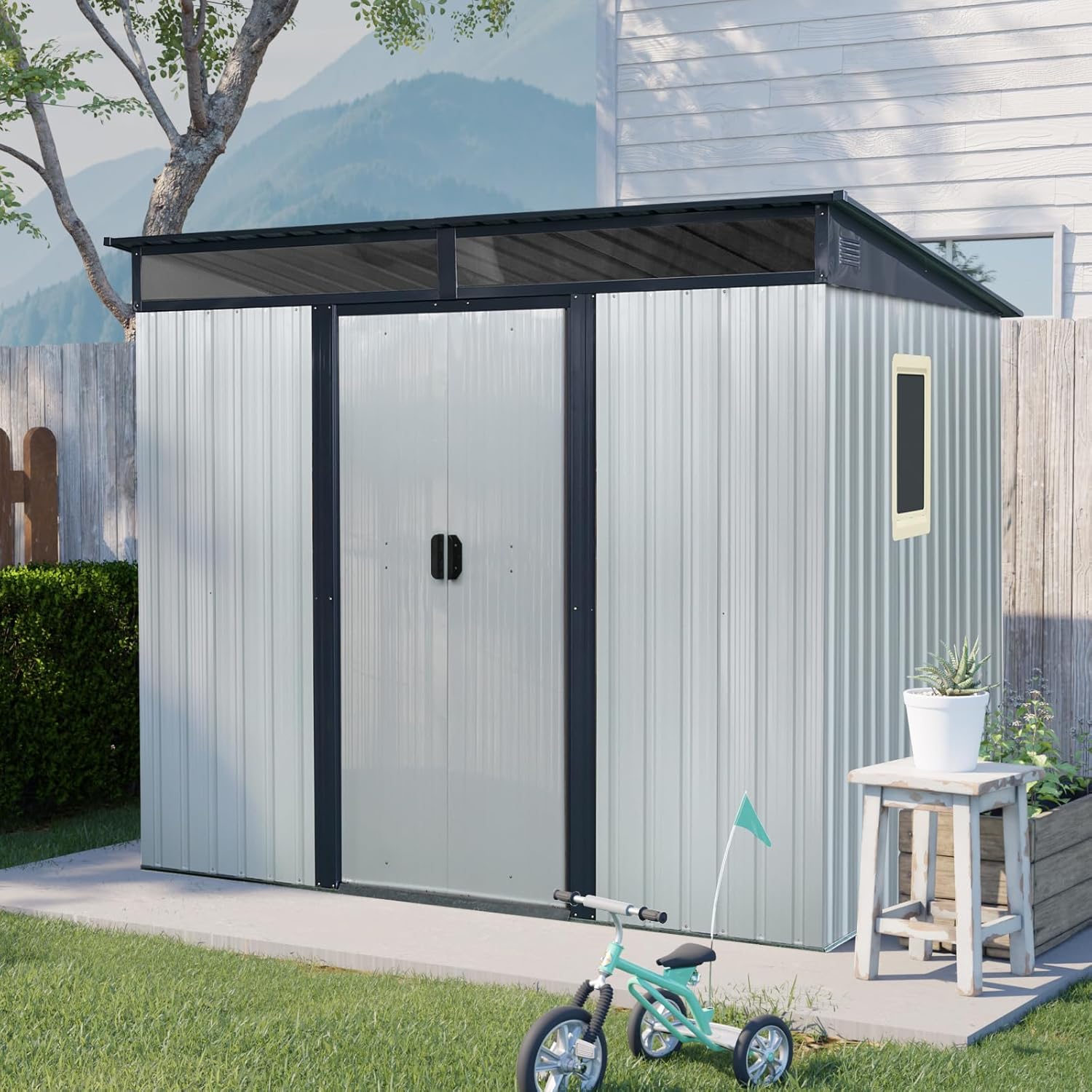 8x6 ft Outdoor Metal Storage Shed with Floor Floor and Window, Lockable Galvanized Steel Tool Shed with Sliding Door, Air Vent and Transparent Plate, Waterproof Garden Storage House for Backyard