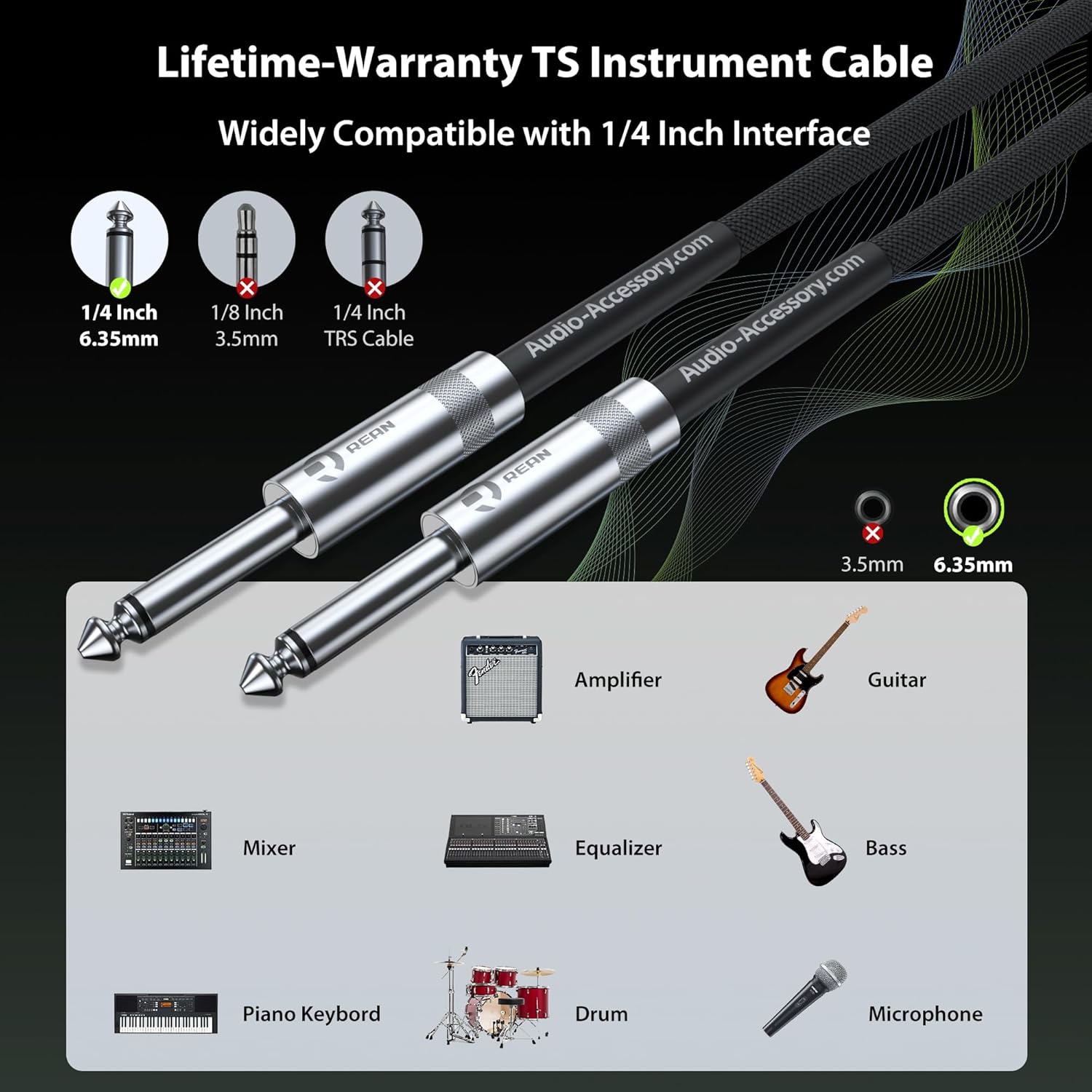 Guitar Cable 25ft 4 Pack (2*Straight & 2*Right Angle), Neutrik REAN Connectors, Kevlar-Reinforced Nylon Braided Cable, No Noise for Electric Guitar Bass AMP