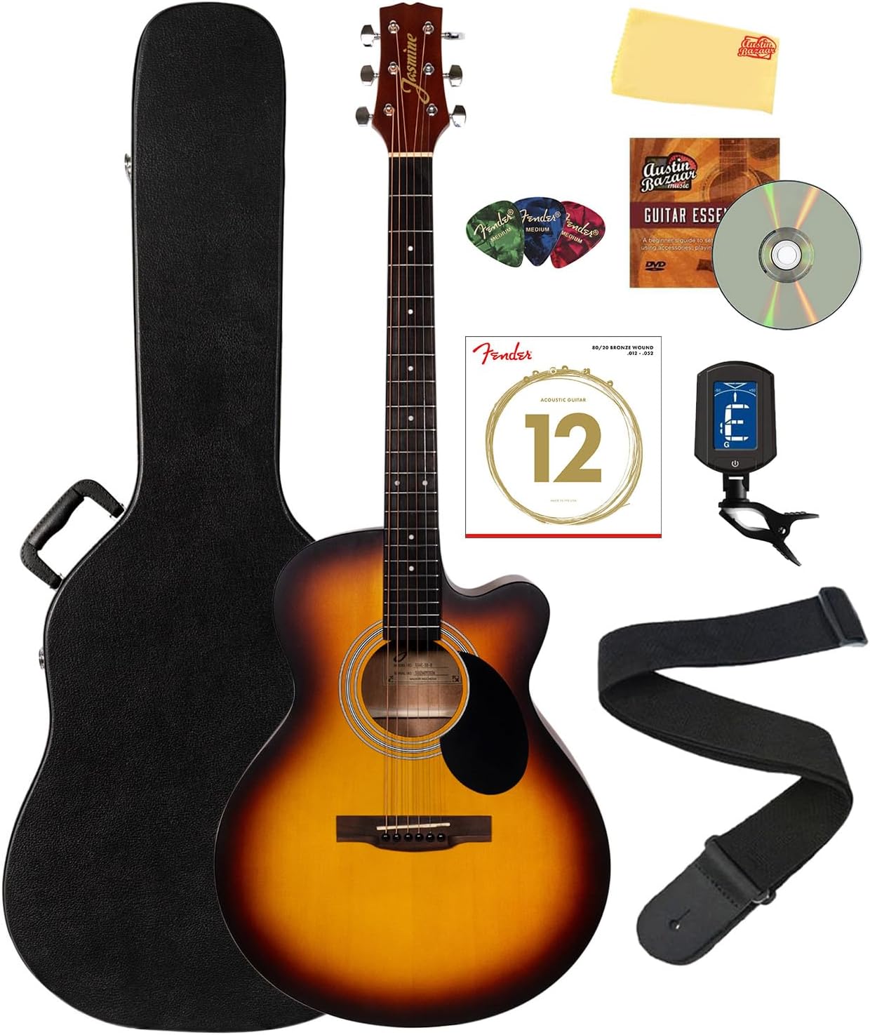 Jasmine S34C NEX Orchestra-Style Cutaway Acoustic Guitar - Sunburst Bundle with Case, Tuner, Strings, Strap, Picks, Austin Bazaar Instructional DVD, and Polishing Cloth