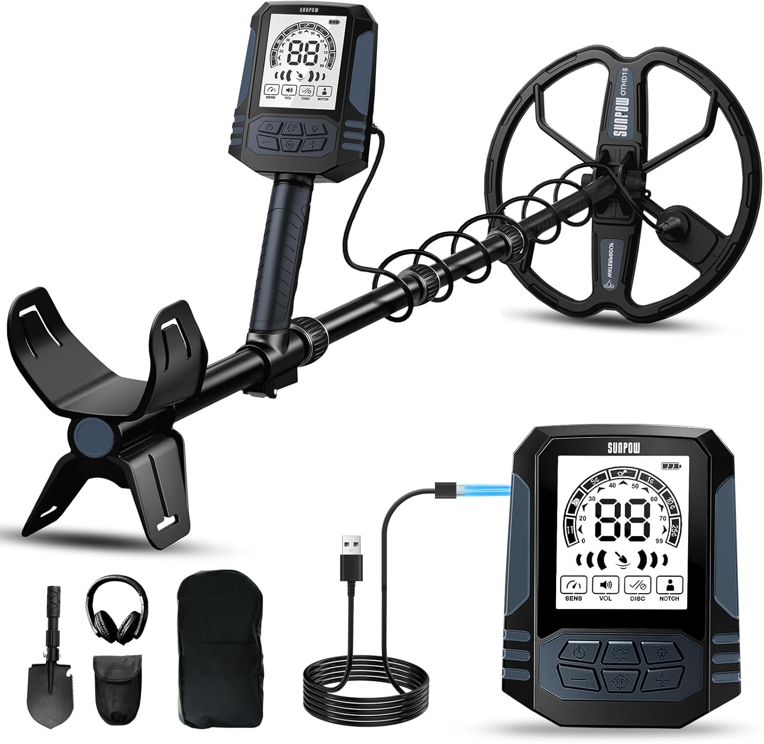 SUNPOW Rechargeable Metal Detector for Adults - 2500mah Lithium Battery for 35H Use - Waterproof Gold Detector with 10'' Deep Dual D-Coil, 4 Professional Modes, Sturdy Spiral Structure – OTMD15