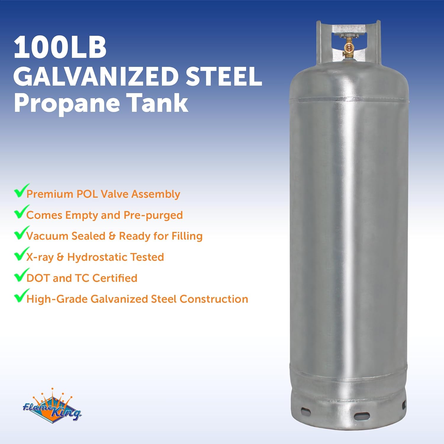 Flame King YSN100-GALV 100LB Galvanized Steel Propane Tank with POL Valve, Rust and Corrosion-Free, Built to Last
