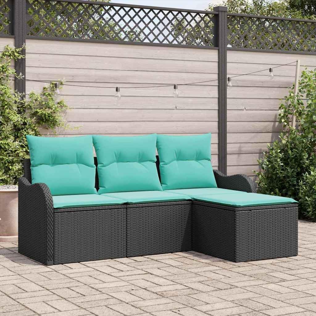 Garden Sofa Set with Storage, 4-Piece Black Poly Rattan Patio Furniture, Modular Outdoor Seating for Balcony & Deck, UV-Resistant