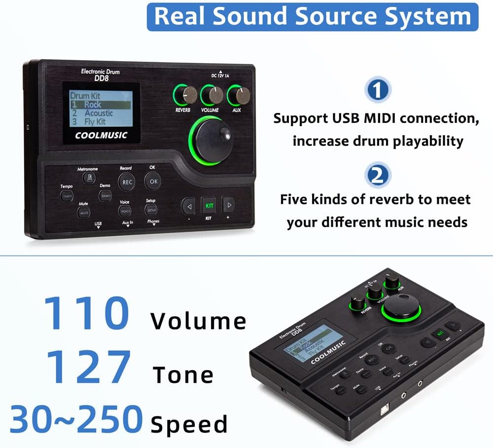 Coolmusic DD8 Electric Drum Set Electronic Kit with Mesh Head 8 Piece, Drum Throne, Sticks Headphone and Audio Cable Included, More Stable Iron Metal Support Set