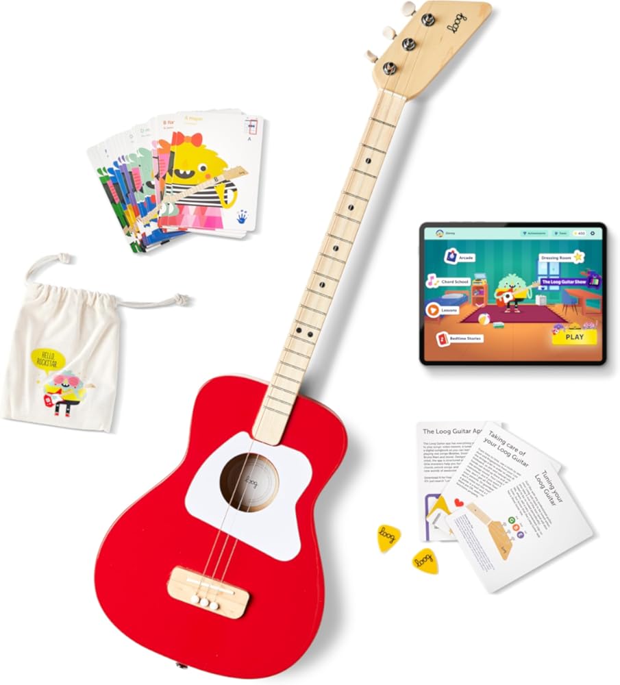 Loog Pro Acoustic kids Guitar 3-strings Ages 6+ Learning App and Lessons Included Red
