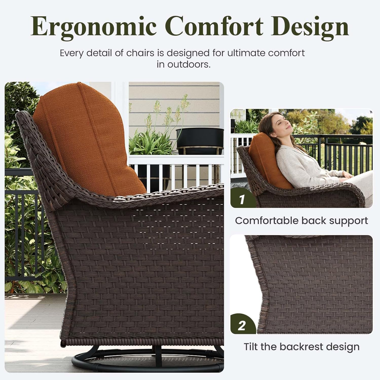 LayinSun 8 Piece Wicker Outdoor Furniture Set with 6-inch Comfy Cushions, High Back Patio Furniture Set with Swivel Rocking Chairs and Fire Pit Table