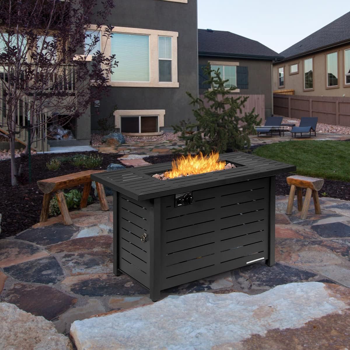 ReunionG 42in Propane Fire Pit Table, 60, 000 BTU Outdoor Rectangular Steel Propane Gas w/ Waterproof Cover, Auto Ignition, Lava Rock, Burner Lid, CSA Approved Fire Pit Table, cappuccino