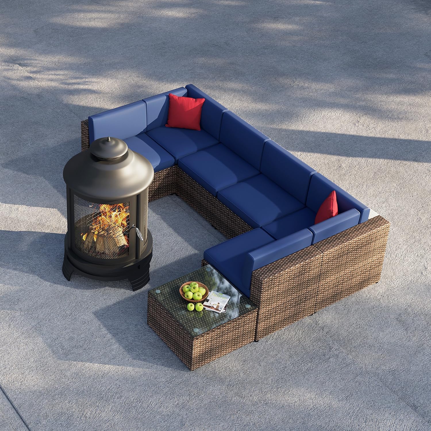 oneinmil 8-Piece Outdoor Furniture Set, with Large Fire Pit Chiminea, 2 in 1 Fire Pit for Outdoor, Wicker Rattan Sectional Conversation Set, and Coffee Table