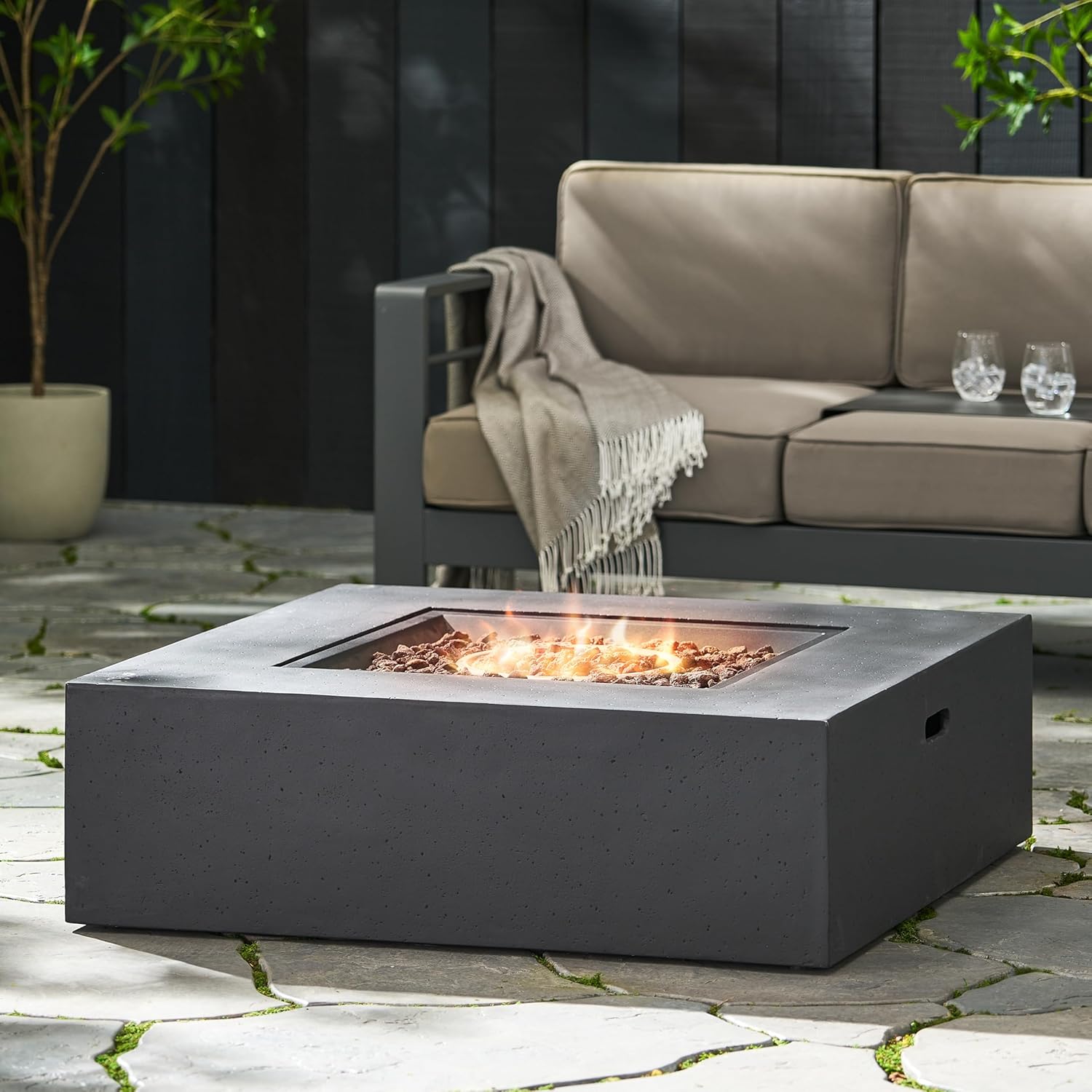 50,000 Btu Square Fire Table Tank Dark Grey Outdoor Propane Fire Pit for Patio, Deck, Living Room Modern Design with Durable Steel Construction (1 Doors)
