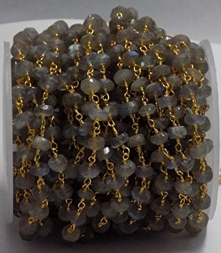 JEWELZ 3 feet natural labradorite beaded chain - gold plated wire wrapped chain - faceted rosary beaded chain - beads measure 5-6mm