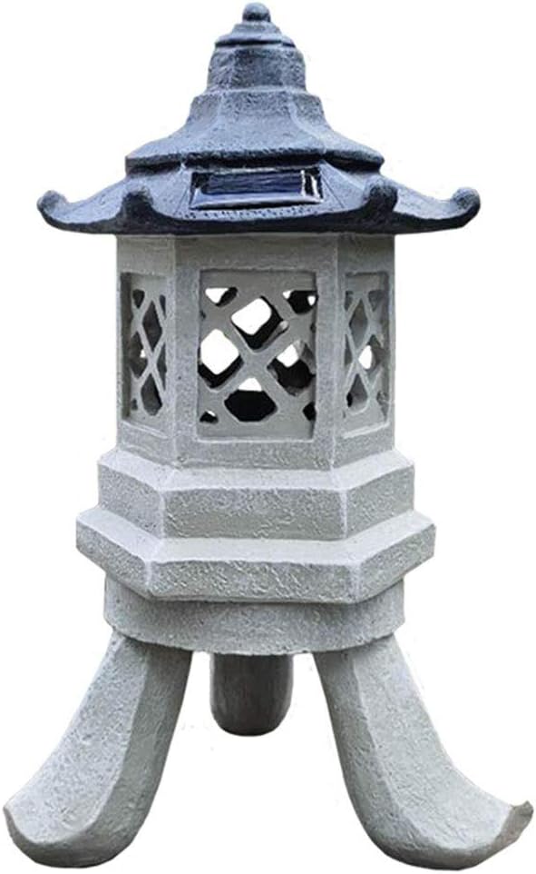 Outdoor Statues Pagoda Lantern Outdoor Statue, Large 12.6 Inch Polyresin Oriental Themed Yard Solar Garden Lamp, Seven Light Modes
