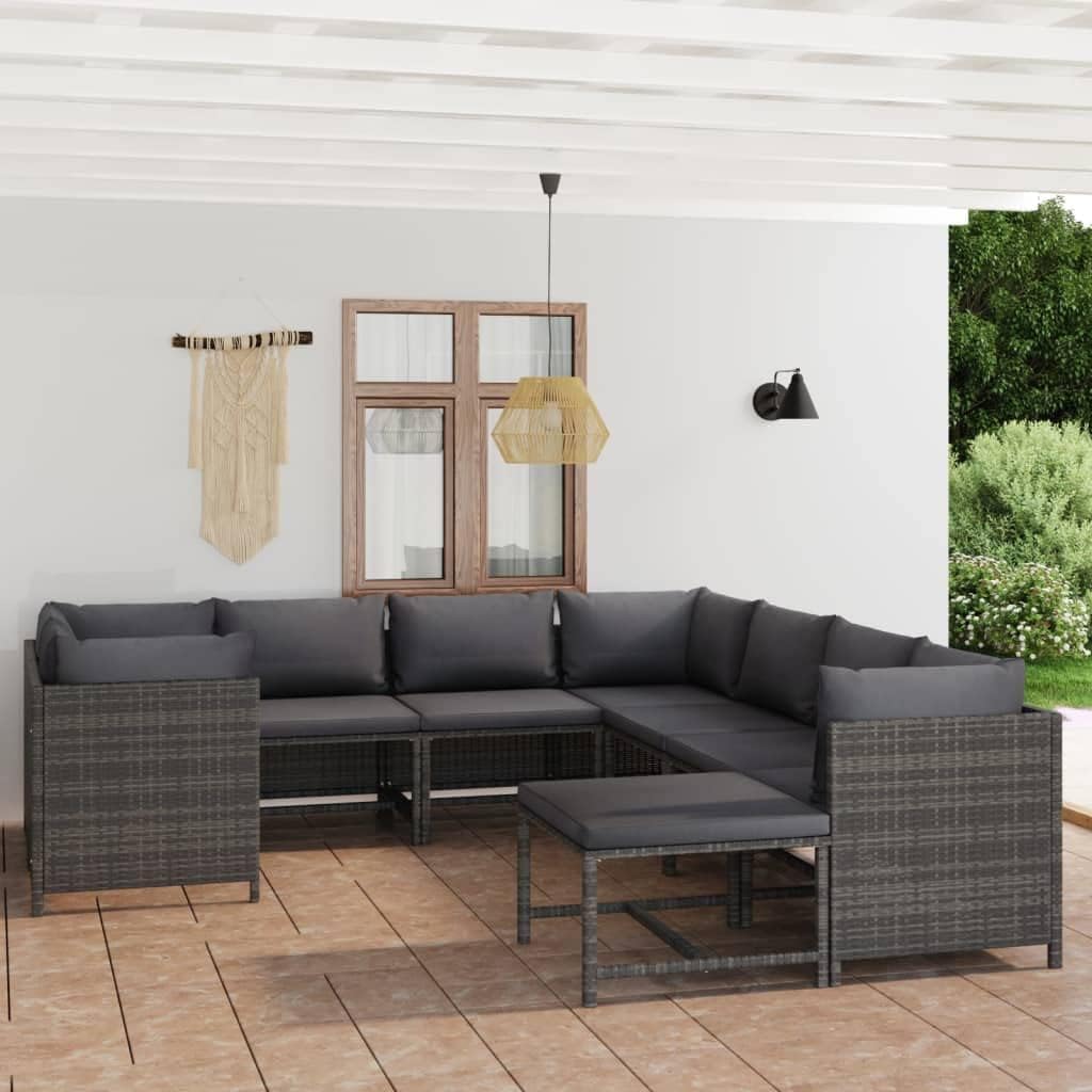 9 Piece Patio Lounge Set with Cushions Poly Rattan Gray,Poly Rattan Patio Lounge Set: Comfortable and Versatile for Outdoor Relaxation Furniture Sets for Patio, Lawn & Garden