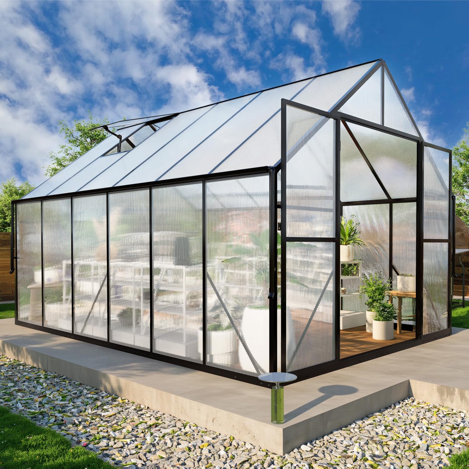 8x12 FT Greenhouse for Outdoors, Polycarbonate Green House with Adjustable Roof Vent and Rain Gutter, Aluminum Large Walk-in Greenhouse with Quick Setup Structure for Outside Garden Backyard Patio