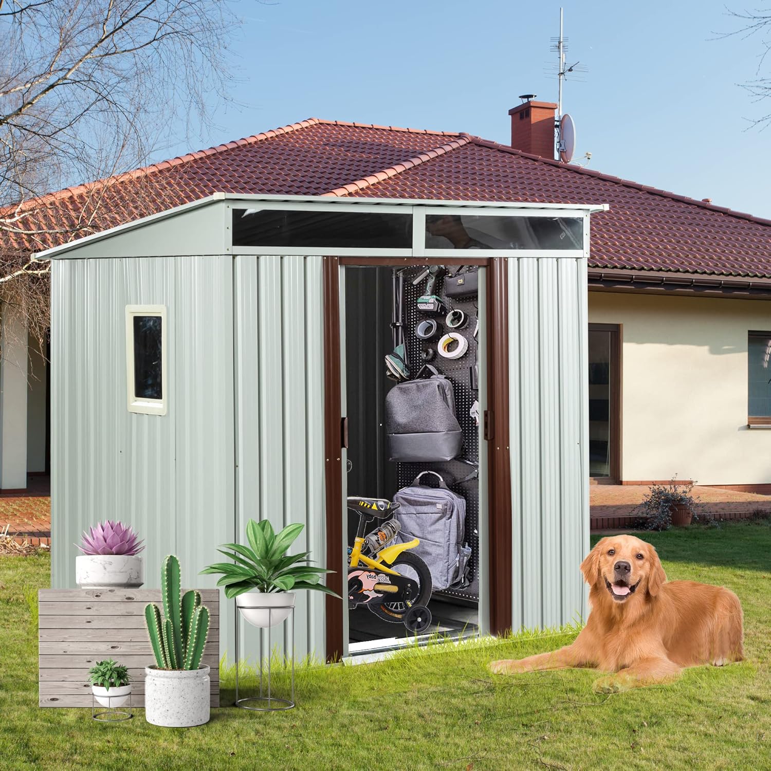 Outdoor Metal Storage Shed with Sliding Doors,Ventilation,Metal Floor Base - Galvanized Steel Construction,UV-Resistant Coating - Garden Tool House (White,6 x 5 FT with Window)