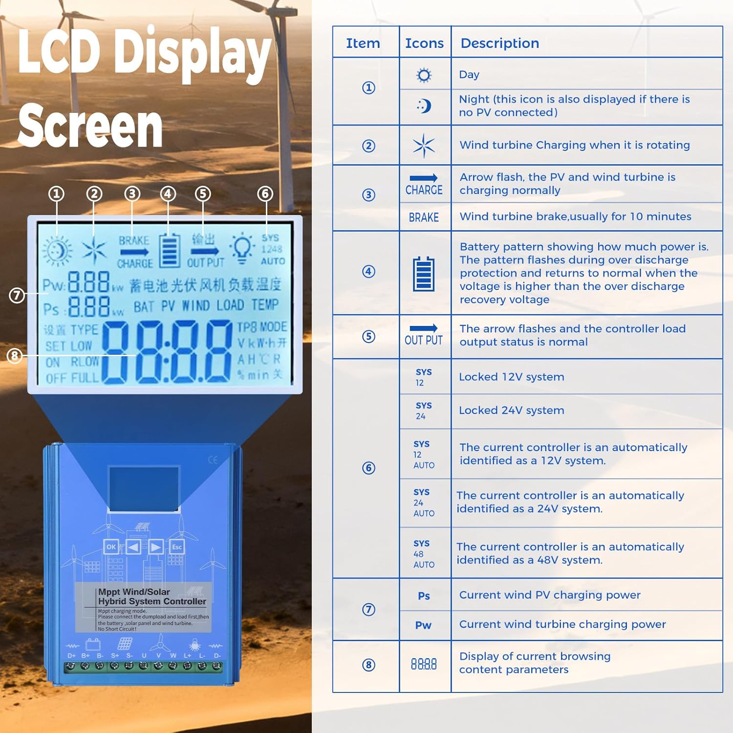 Solar Wind Controller Solar and Wind Charge Controller Solar Wind Power Controller Wind/Solar Hybrid System Controller 1000W-12/24VAuto