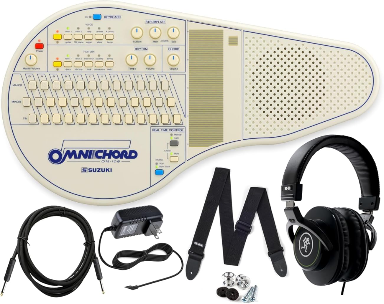 Suzuki Omnichord Electronic Musical Instrument OM-108 Digital Chorded Zither Synthesizer Instant Accompaniment with Mackie Headphones, Power Supply, Cable, Strap Bundle