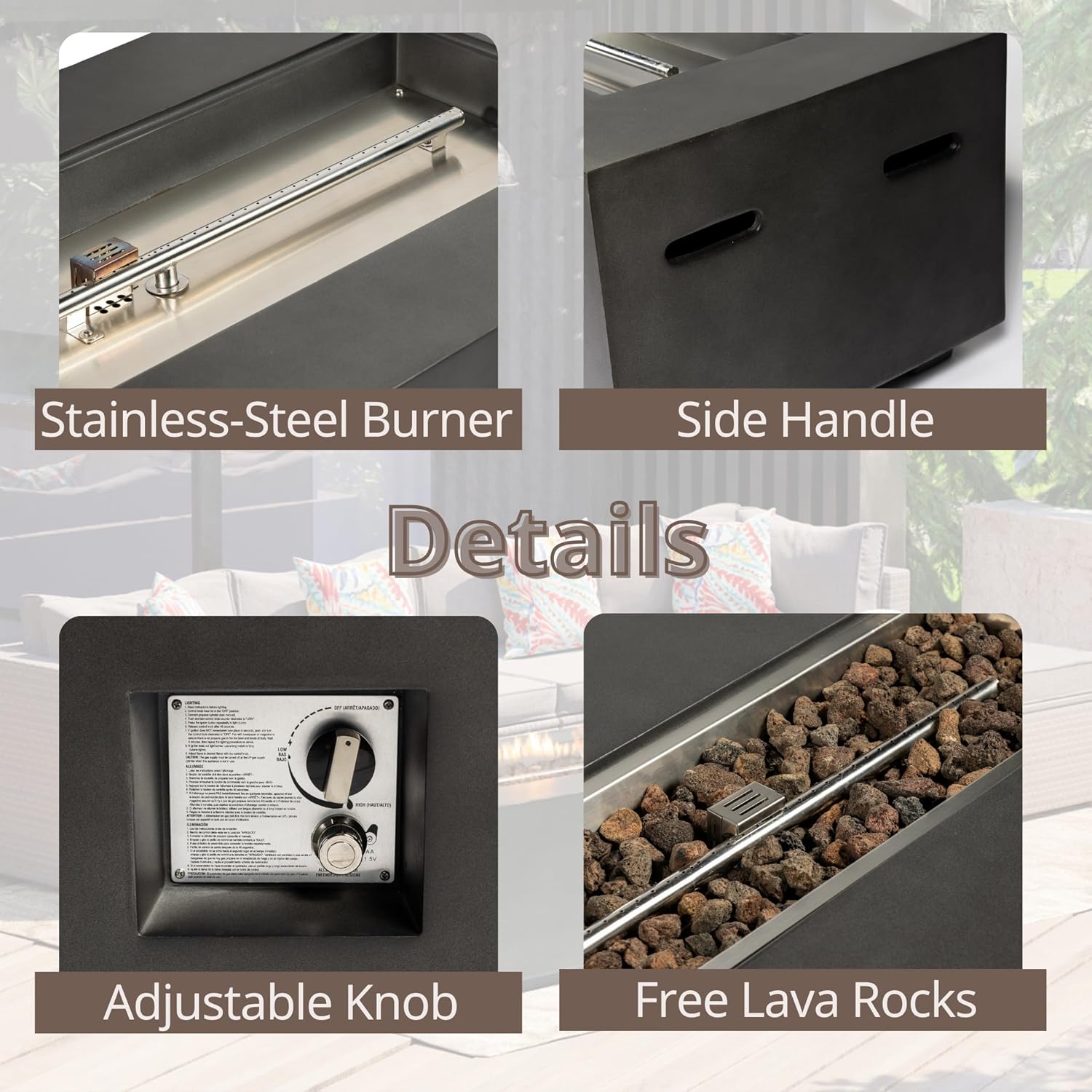 GOWE Outdoor Rectangle Propane Fire Pit Table 60inch, 60,000 BTU Concrete Fire Table with Waterproof Cover, Auto-Ignition, Free Lava Rocks,