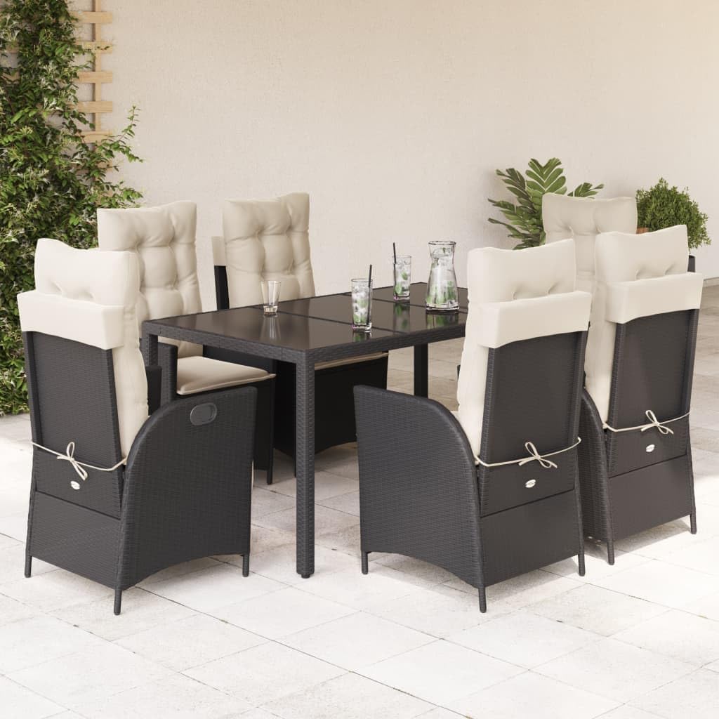 7 Piece Patio Dining Set with Cushions Black Poly Rattan,Versatile Garden Dining Set with Adjustable Backrest and Comfortable Cushions for Alfresco Dining and Relaxation Furniture Sets for Patio, Lawn