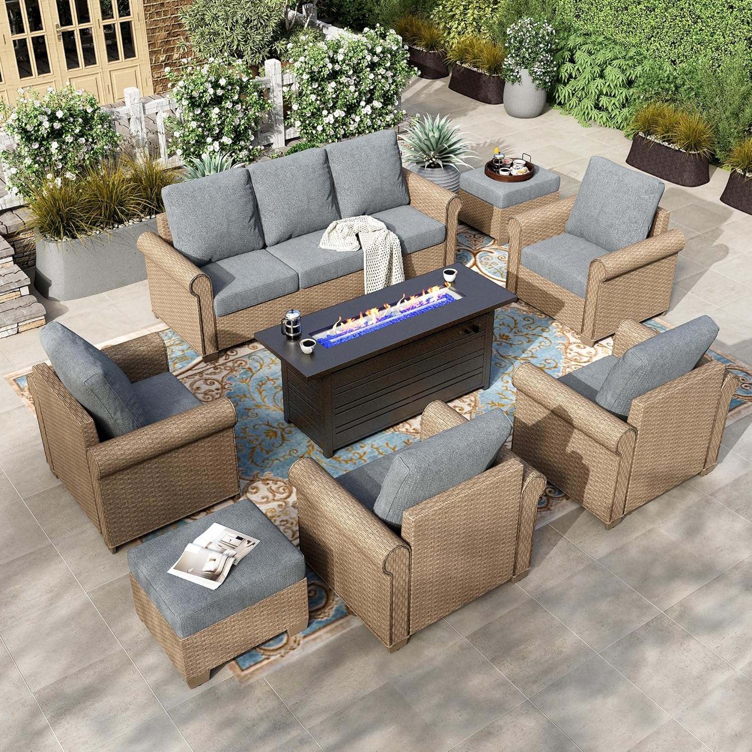 HERA'S HOUSE 8-Piece Patio Furniture Set, All Weather 9 Seats Outdoor Wicker Sofa with Ottomans, Rattan Patio Conversation Set with 5.5