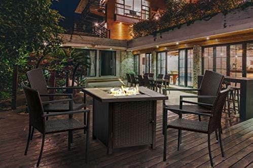 Outdoor Furniture 5-Piece Fire Pit Set, All-Weather Resin Wicker Sofa with Metal Frame, 30-inch Square Top Fire Pit Has Wood-Look Table Surround and 50,000 BTU Stainless Steel Burner