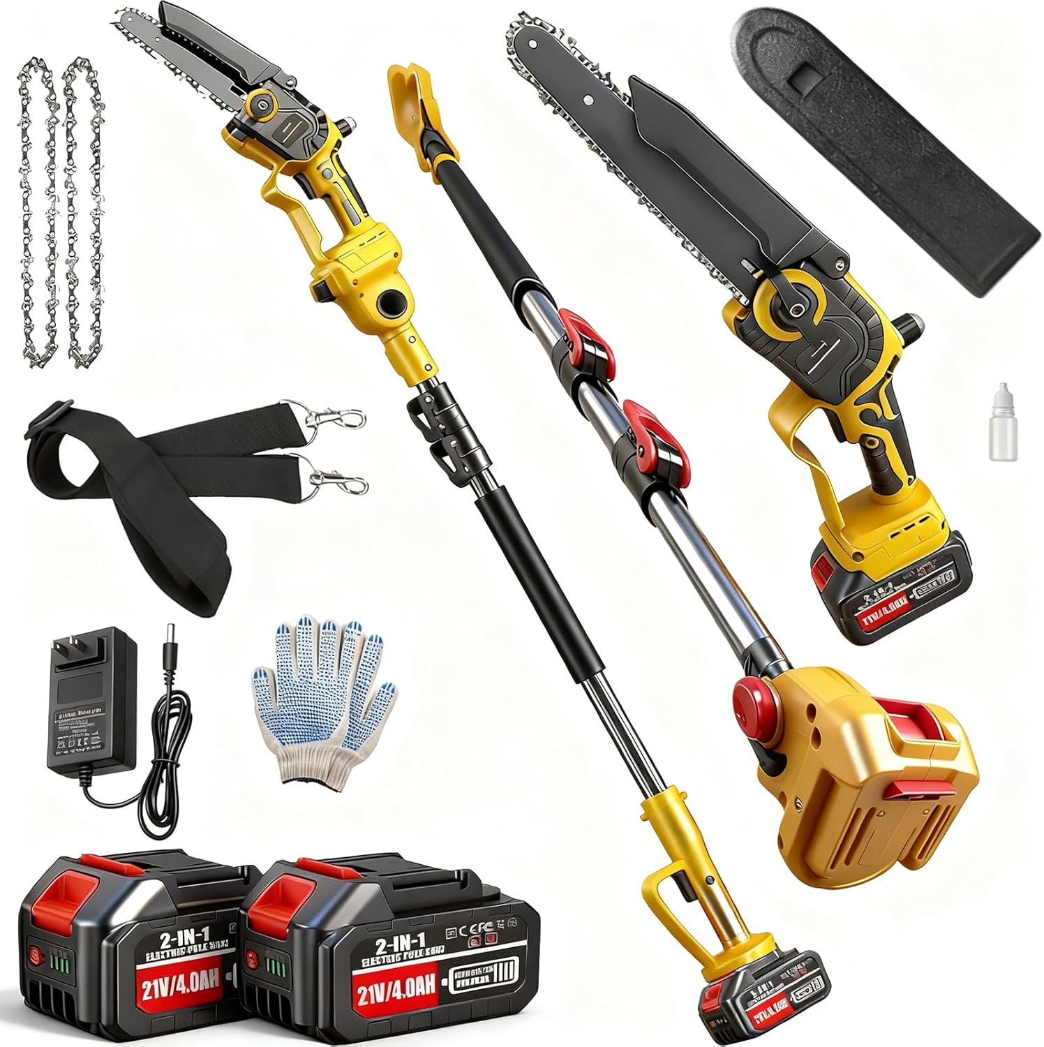 2-in-1 Electric Pole Saw, Cordless Pole Saw & 8 Inch Brushless Mini Chainsaw with 2x 4.0Ah Battery, Brushless Motor, Electric Pole Saw for Tree Trimming with Adjustable Extension Pole