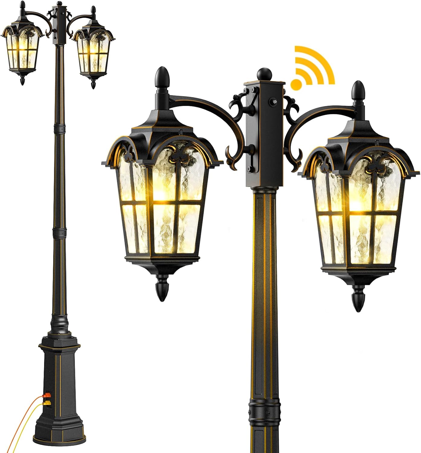 Outdoor Lamp Post Light with GFCI Outlet, Dusk to Dawn Black Outside Pole Lights, Double Head Exterior Street Lighting Fixture for Backyard Driveway Garden Patio Pathway