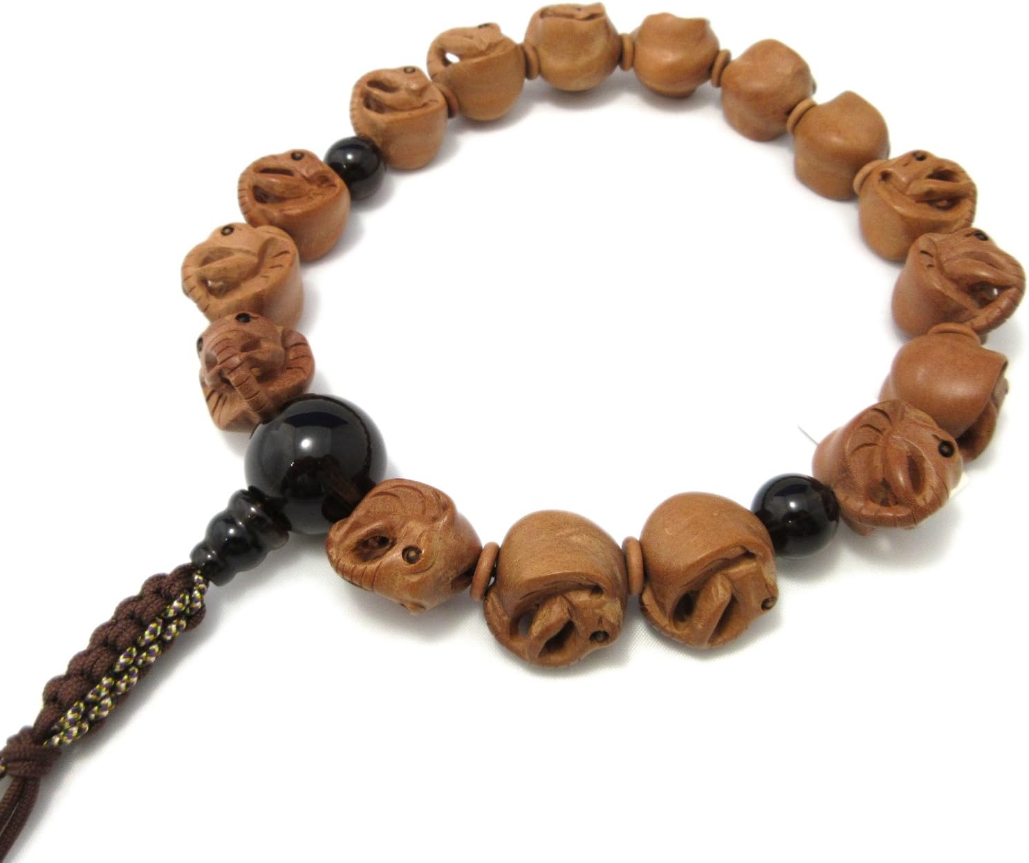 京都あさひ屋 Elephant Wood Carving with Smoky Quartz Japanese Juzu Buddhist Prayer Beads Handemade in Kyoto JUA35