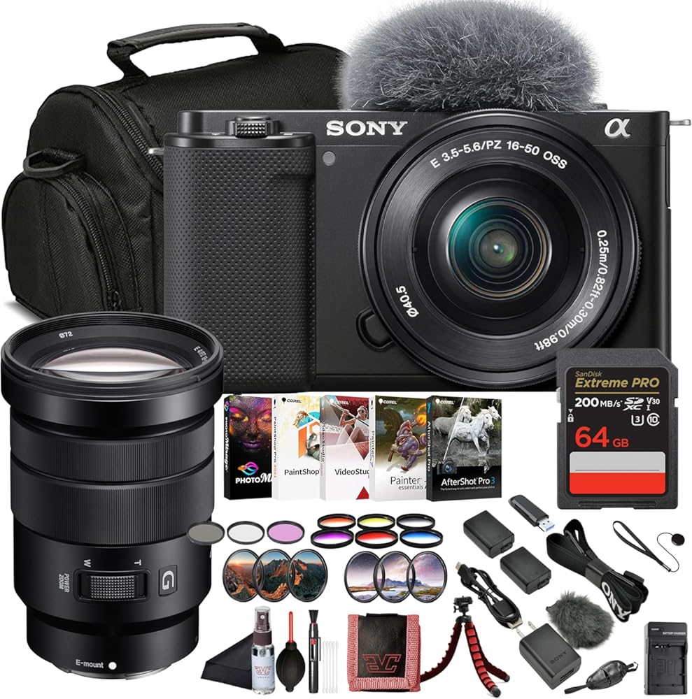 Sony ZV-E10 Mirrorless Camera Black with 16-50mm Power Zoom Lens (ILCZV-E10L) – 24.2 MP APS-C Sensor, 4K Video, Vari-Angle Screen w/Sony 18-105mm Lens, 64GB Memory Card, Color Filter Kit and More