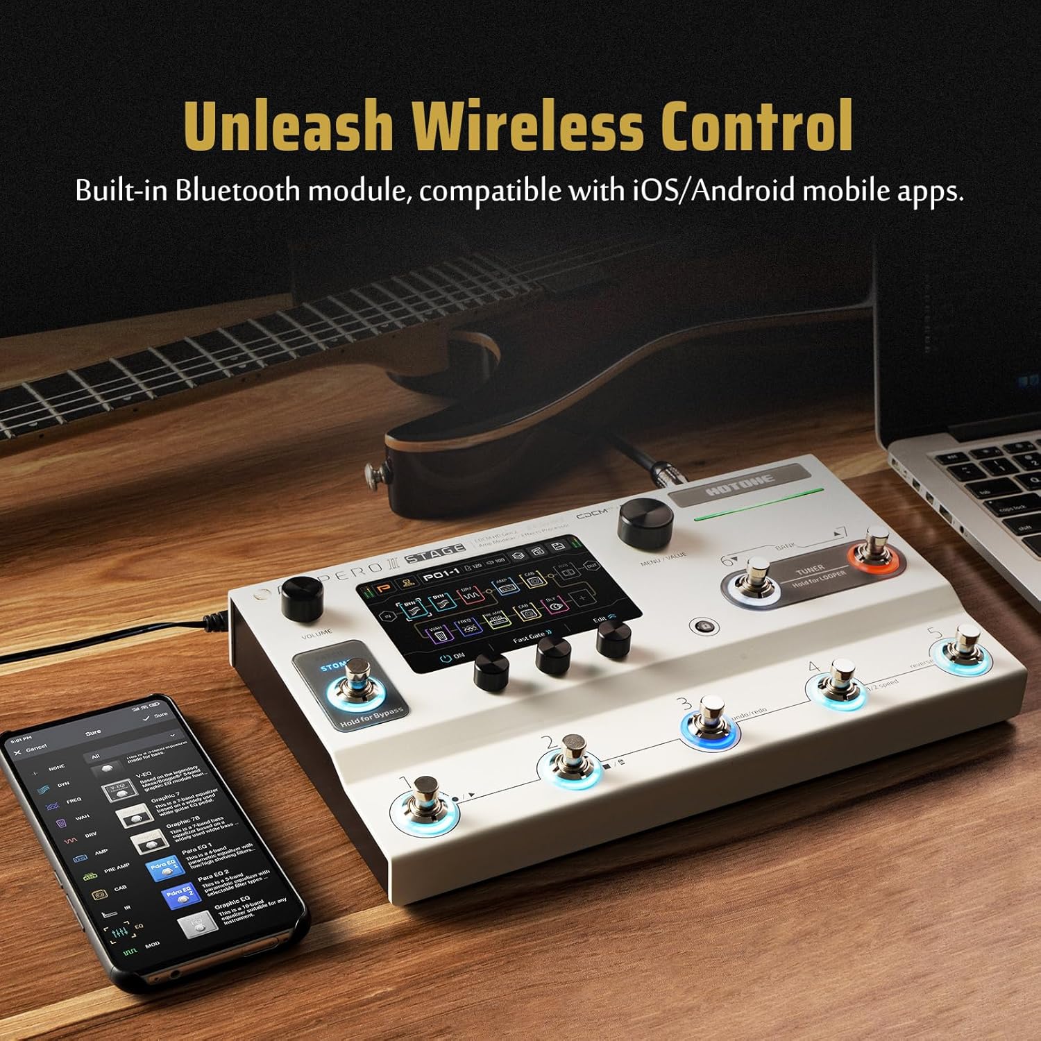 HOTONE Multi-Effects Pedal Dual Effect Chains with FX Loop MIDI I/O Stereo OTG USB Audio Interface Touch Screen Ampero II Stage(Include 10 PCS Additional Footswitch Toppers By VOLKTONE)