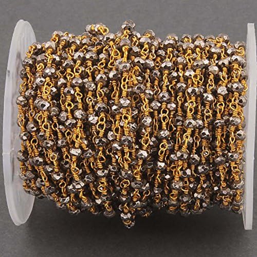 LKBEADS 50 Feet Black Pyrite Rosary Style Beaded Chain - Pyrite Beads Wire Wrapped 24k Gold Plated Chain